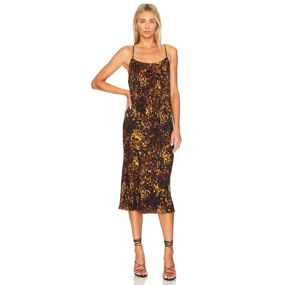 Rails Ami Plisse Midi Slip Dress Tortoise Shell Pleated Animal Print Size Small